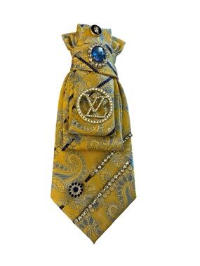 Yellow Paisley Custom Women Tie with Blue Crystal Accents with pocket pin